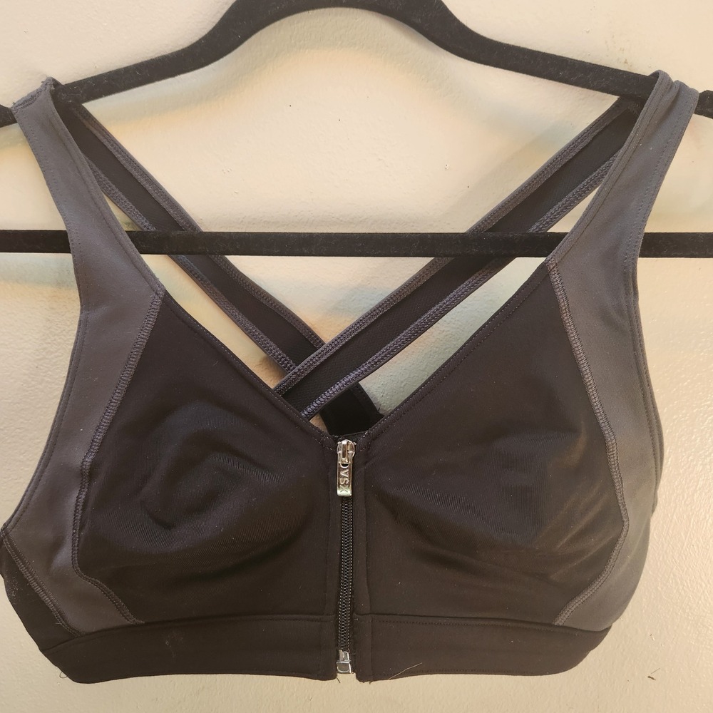 VSX Victoria's Secret Sport Black Grey Zip Front Crisscross Back Sports Bra S/P